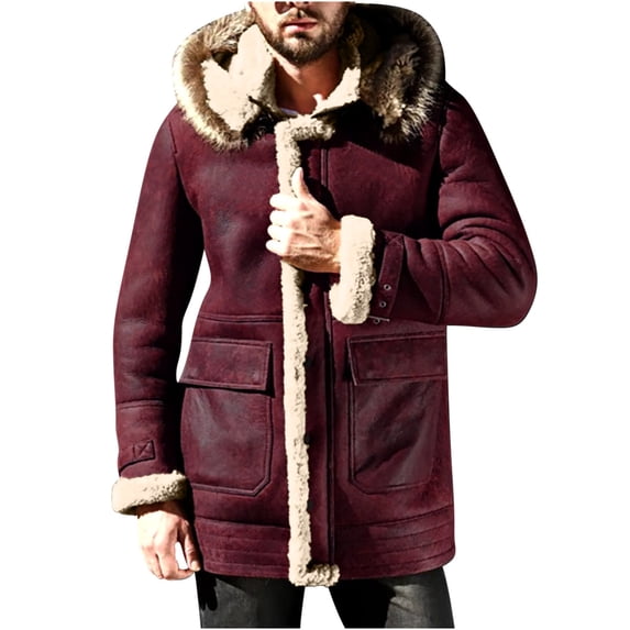JSGEK Quiled Coat with Pockets Casual Clothes for Men Loose Vintage Long Sleeve Warm Zip up Hoodies Jacket Long Sleeve Warm Solid Color Lightweight Puffer Men's Outerwear Padded Coat Clearance Wine M