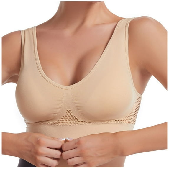JSGEK Regular Fit Plus Size Sport Hollow Out Bra Sexy Workout Gym Activewear Bra Wirefree Comfort without Steel Ring Gathering Mesh Yoga Bra Soft Breathable Khaki 6X-Large Bra for Ladies