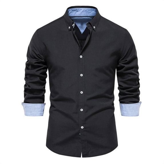 JSGEK Regular Fit Solid Color Button Down Blouse Turn Down Collared Tops Casual Clothes for Men Loose Vintage Men's Spring Business Shirts Long Sleeve Long Sleeve Clearance Black XXL