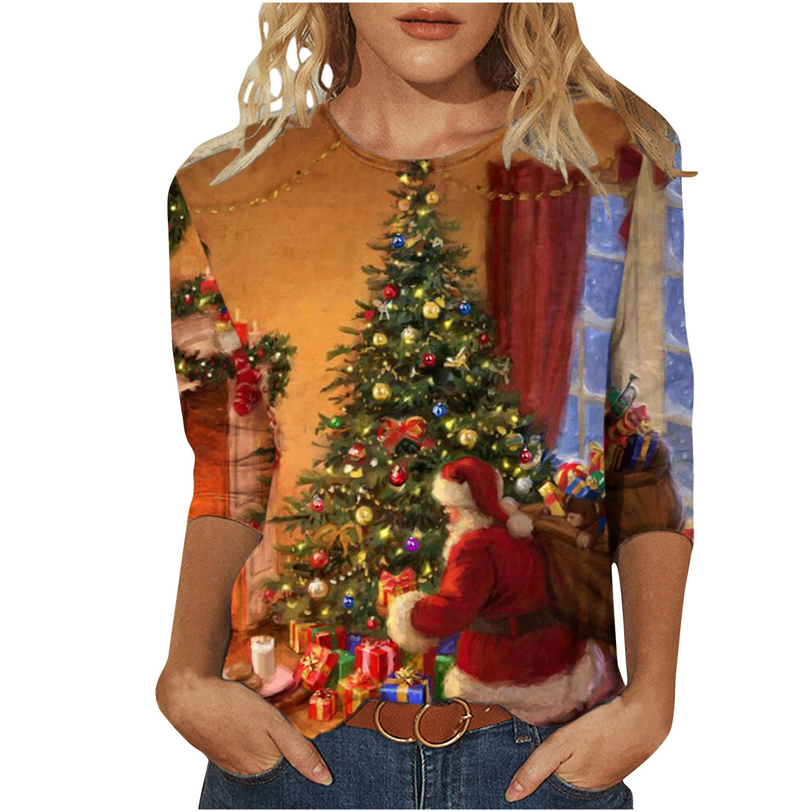 Christmas Tree Pullover Tops for Women Crew Neck Long Sleeve Casual Loose  Sweatshirts Cute Festivals Gifts for Ladies(Orange,XXXL)