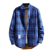 JSGEK Sales Men's Quilted Lined Flannel Jackets Thicken Plaid Shirt Jacket Casual Long Sleeve Button Down Shirts Pocket Jackets for Men Blue XL