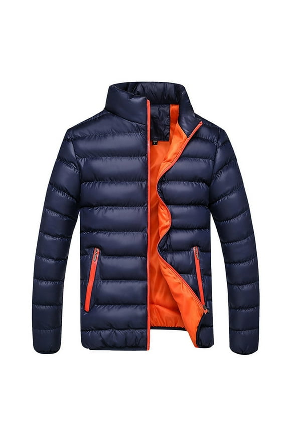 Men's Winter Coats Warm Thicken Jacket Zipper Insulated Puffer Jackets Stand Collar Cotton Water Resistant Down Coat with Pocket Dark Blue L