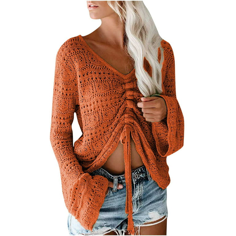 JSGEK Sales Women's Front Knot Sweater Solid Color Loose Bell Long Sleeves  Hollow Out Hole Blouse V-Neck Casual Shirt Fashion Crop Tops for Women  Orange M 