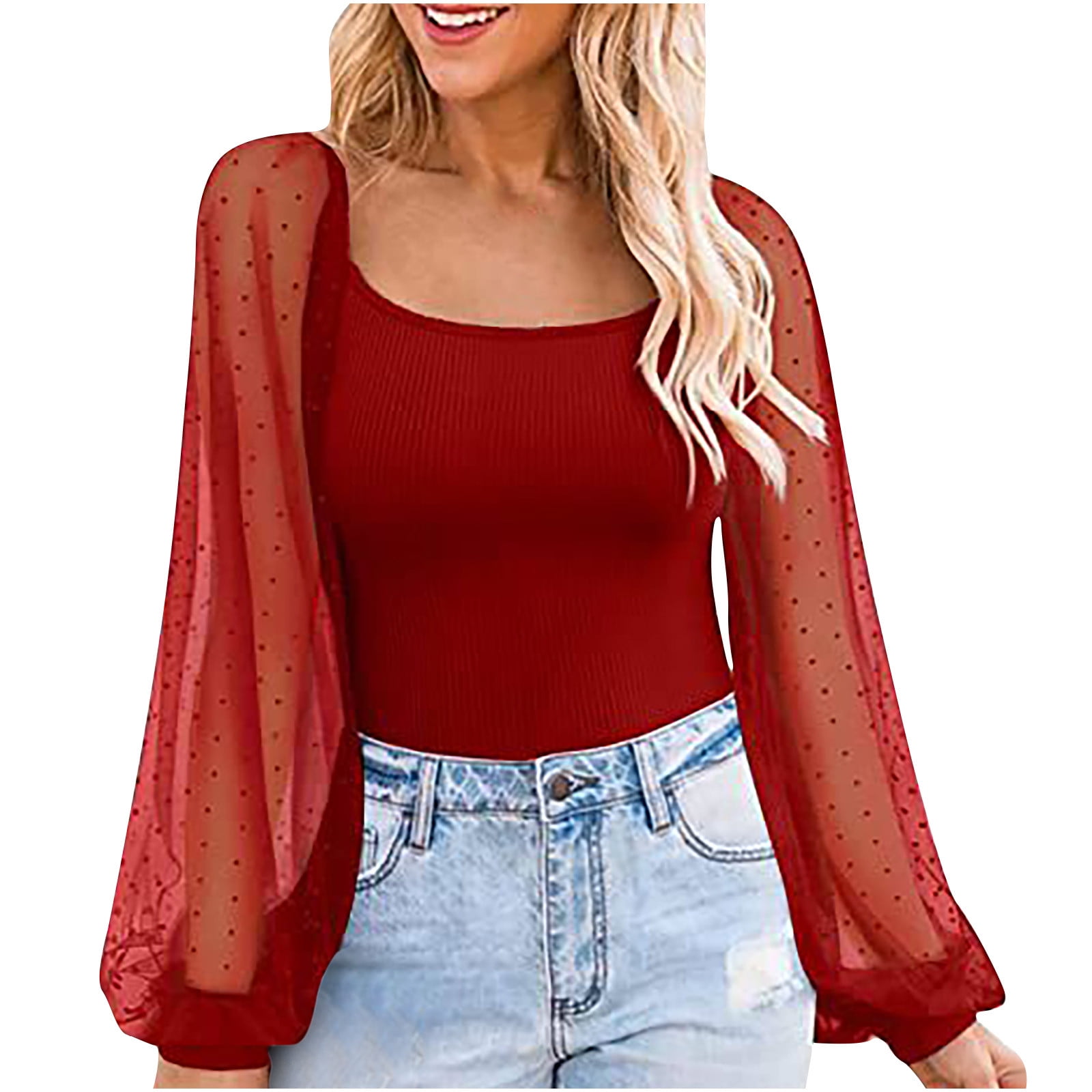 JSGEK Sales Women's Summer Sexy Shirt Lace Lantern Sleeve Solid Color  Crewneck Blouse Slim Fit Tunic Long Sleeve Shirts for Women Red XL