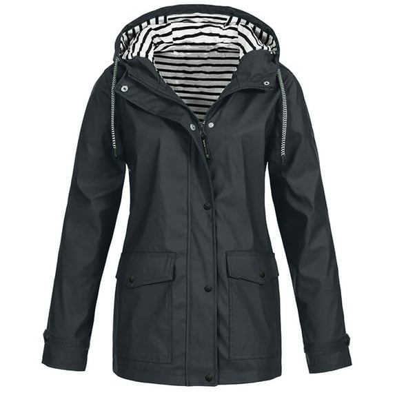JSGEK Women's Waterproof Rain Jacket Solid Color Lightweight Outdoor Hooded Raincoat for Hiking Travel Outdoor Black XXXXL