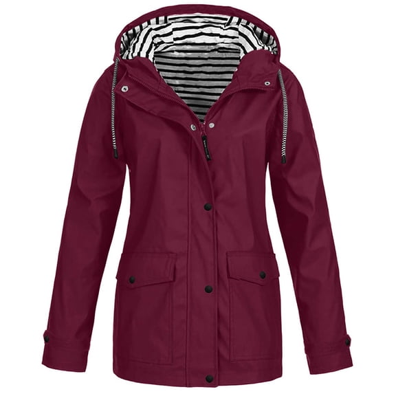 JSGEK Women's Waterproof Rain Jacket Solid Color Lightweight Outdoor Hooded Raincoat for Hiking Travel Outdoor Wine L