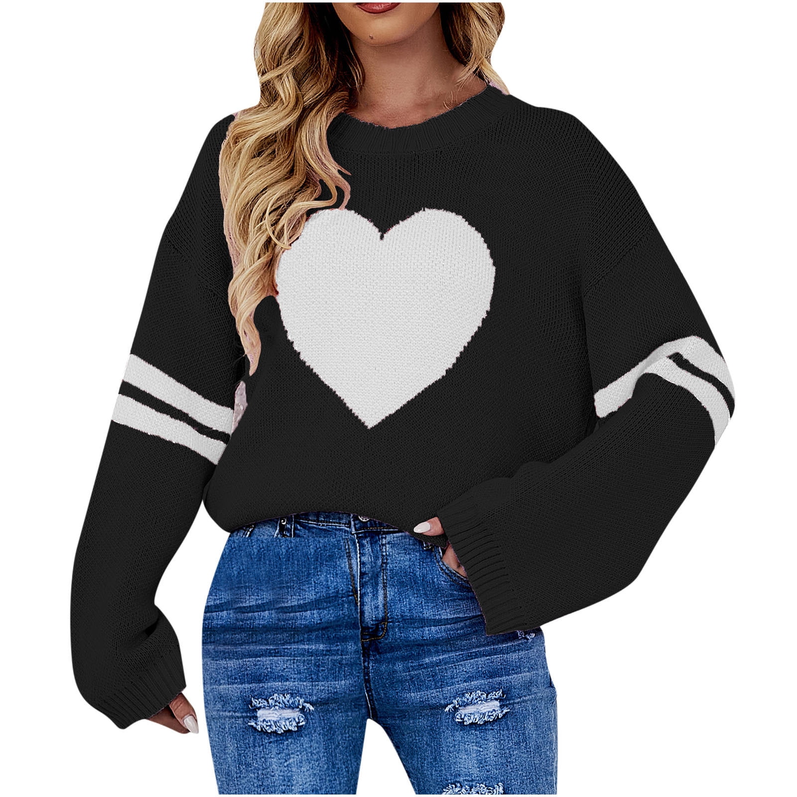 JSGEK Savings Women's Fall Fashion Crewneck Sweater Heart Graphic Print  Casual Flared Long Sleeve Knitted Pullover Jumper Tops Black S 