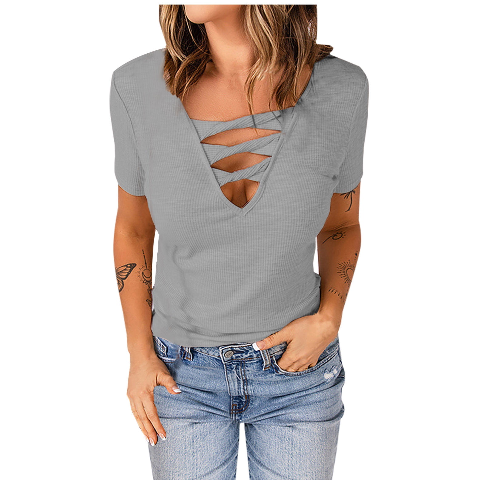JSGEK Savings Women's Summer Casual T-shirt Solid Color Short Sleeve V ...