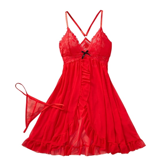 JSGEK Sexy Babydoll Lingerie Nightgown Set for Women Spaghetti Strap Criss Cross Back Cutout Mini Dress with Matching Thong Intimate Sleepwear Red M