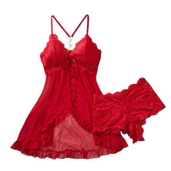 JSGEK Sexy Babydoll Lingerie Nightgown Set for Women Spaghetti Strap Lace Trim Mini Dress with Matching Thong Intimate Sleepwear Red S