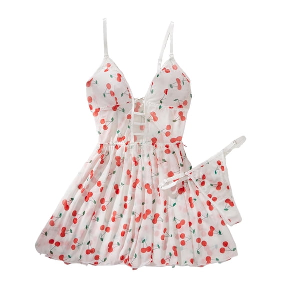 JSGEK Sexy Babydoll Lingerie Nightgown Set for Women Spaghetti Strap Polka Dot Print Lace Mini Dress with Matching Thong Intimate Sleepwear White M