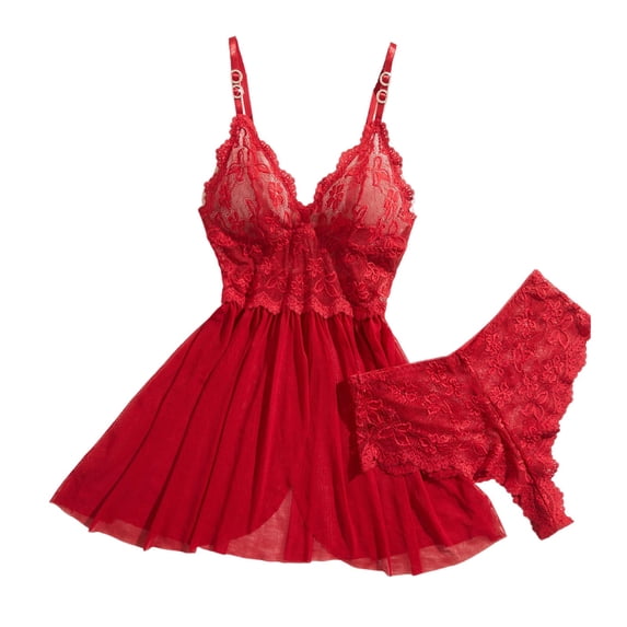 JSGEK Sexy Babydoll Lingerie Nightgown Set for Women Spaghetti Strap Ruffle Hem Lace Mini Dress with Matching Thong Intimate Sleepwear Red M