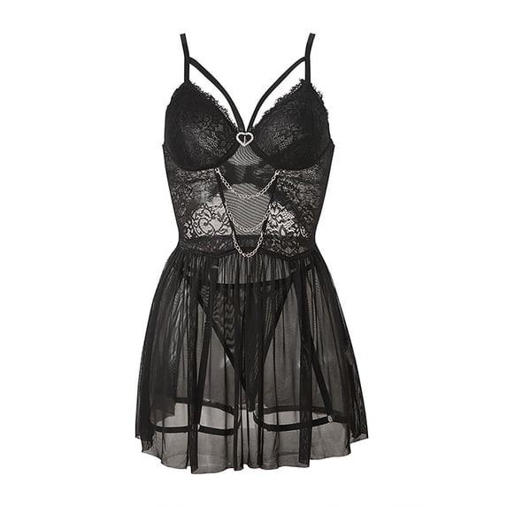 JSGEK Sexy Babydoll Lingerie Set for Women Criss Cross Bustier Top with Pleated Mini Skirt and Garter Strap Intimate Nightwear Black M
