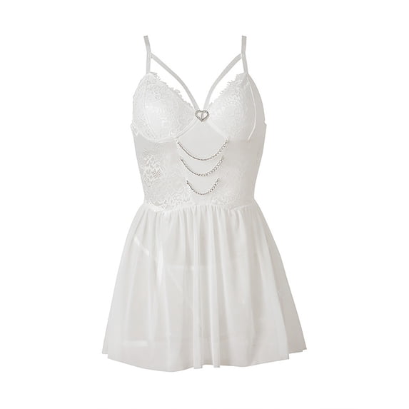 JSGEK Sexy Babydoll Lingerie Set for Women Criss Cross Bustier Top with Pleated Mini Skirt and Garter Strap Intimate Nightwear White L