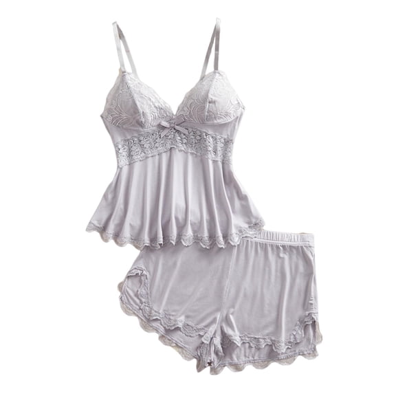 JSGEK Sexy Lingerie Set for Women Spaghetti Strap Ruffle Hem Peplum Top and Matching Shorts Two Piece Intimate Nightwear Gray XXL