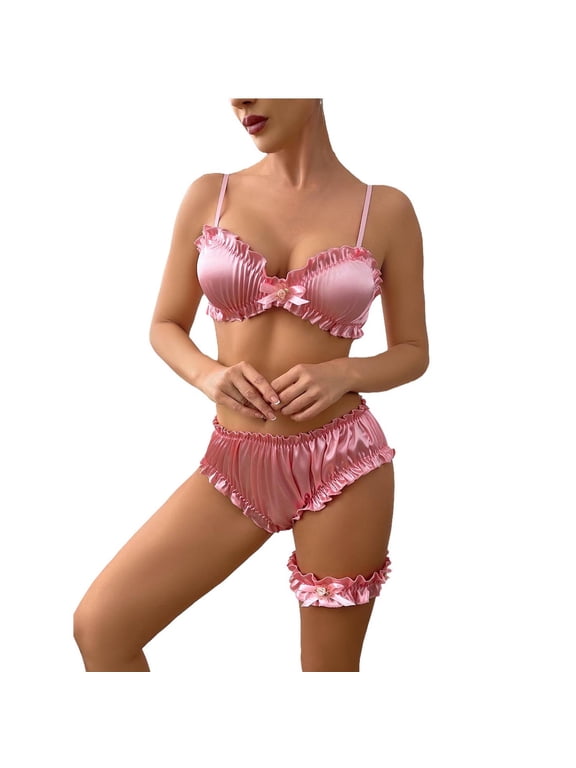 Sexy Lingerie Set for Women Two Piece Bra and Panty Set with Garter Belt Bow Accents Intimate Nightwear Underwear Set for Women Pink L