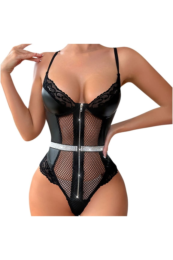 Sexy Teddy Bodysuit Lingerie for Women Black Faux Leather and Mesh Deep V Neck Corset Front Zipper Sheer Panels Intimate Nightwear Black XL