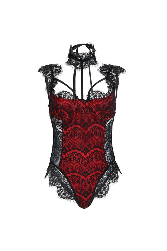 Sexy Teddy Bodysuit Lingerie for Women High Neck Lace Trim Sheer Mesh Panels Thong Bottom Intimate Nightwear for Bedroom Red L