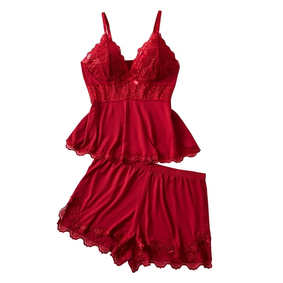 JSGEK Sexy Two Piece Lingerie Set for Women Spaghetti Strap Ruffle Hem Babydoll Top and Matching Shorts Intimate Sleepwear Nightwear Red XL