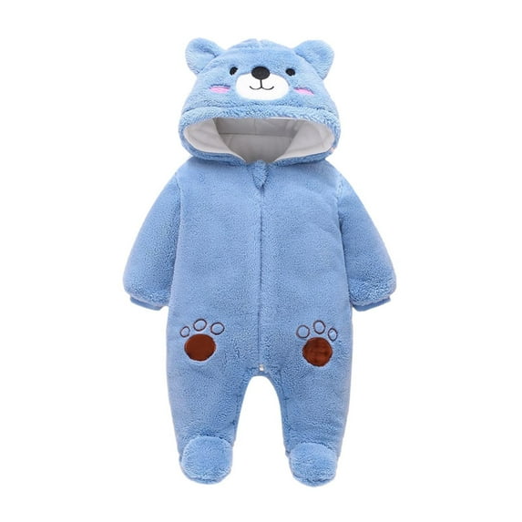JSGEK Soft Casual Winter Warm Clothes Cute Baby Infant Solid Color Jumpsuit Long Sleeve Hoodies Outfits Toddler Baby Fleece Lined Onesies Outwear Newborn Boys Girls Thick Bodysuit Coat Blue,3 Months