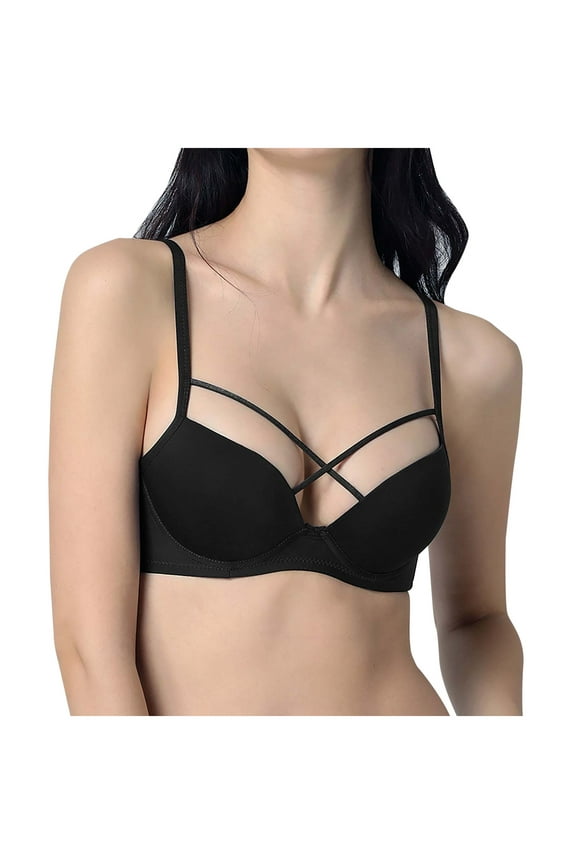 Soft Regular Fit Sexy Push up Plunge Wirefree Comfort Workout Gym Activewear Bra without Steel Ring Gathering Bra Small Cup Underwear Hollow Out Bra Black 38 Bra for Ladies