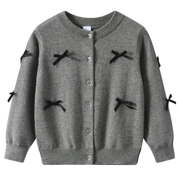 JSGEK Solid Color Bow Long Sleeved Fleece Knitted Cardigan Cute Print Comfortable Wear Soft Fabric Casual Sweater for Kids Special Occasion Family Gathering Gray 5-6Years