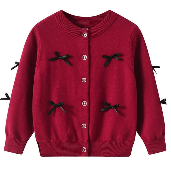 JSGEK Solid Color Bow Long Sleeved Fleece Knitted Cardigan Cute Print Comfortable Wear Soft Fabric Casual Sweater for Kids Special Occasion Family Gathering Red 5-6Years
