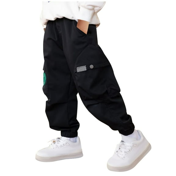 JSGEK Solid Color Work Pants for Boys Multiple Pockets Breathable Comfortable Flax Fabric Loose Fit Spring Fashionable Trousers for Daily Wear Outdoor Activities Black 11 Years