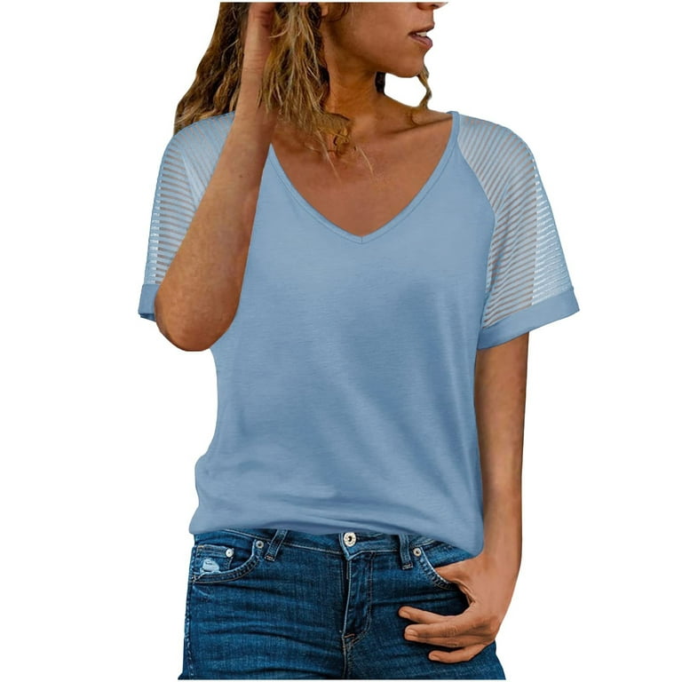 JSGEK Summer Shirts for Women Short Sleeve Tees Basic Clothes for Girls V  Neck Blouse Casual Fashion T-shirt Solid Lace Print Tops Light Blue S  Rollbacks 