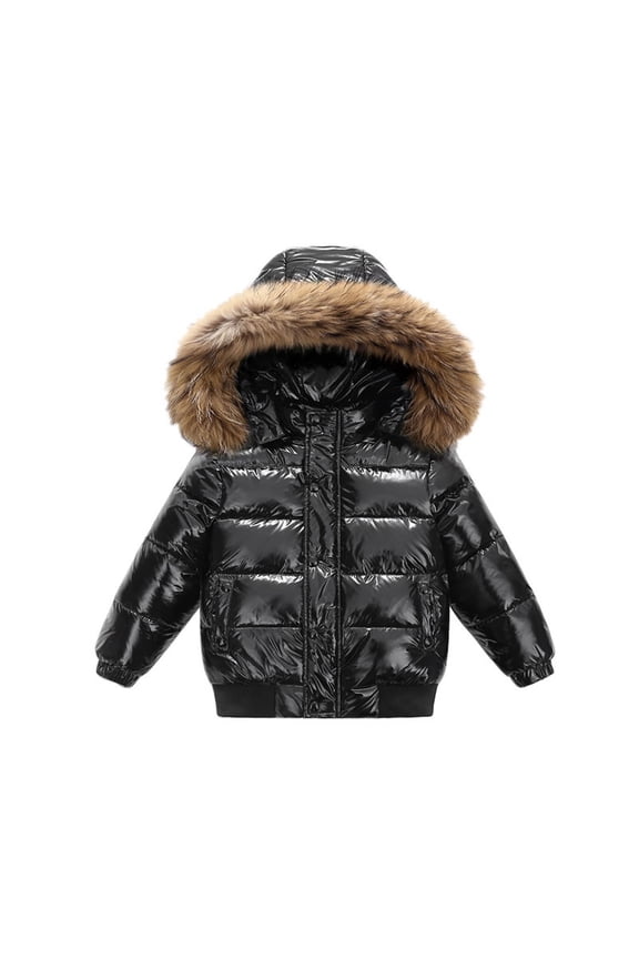 Thickened Down-filled Hooded Jacket Windproof Warm Parkas Short Style with Large Collar Comfortable Casual Wear for Kids Suitable for Cold Weather Outdoor Activities Black 11-12Years