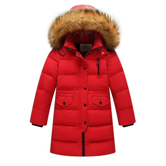 JSGEK Thickened Down-filled Windproof Warm Hooded Parka Large Collar Mid-length Jacket for Kids Age 2-15 Everyday Casual Wear Insulated Outerwear Winter Coat Red 12-13Years