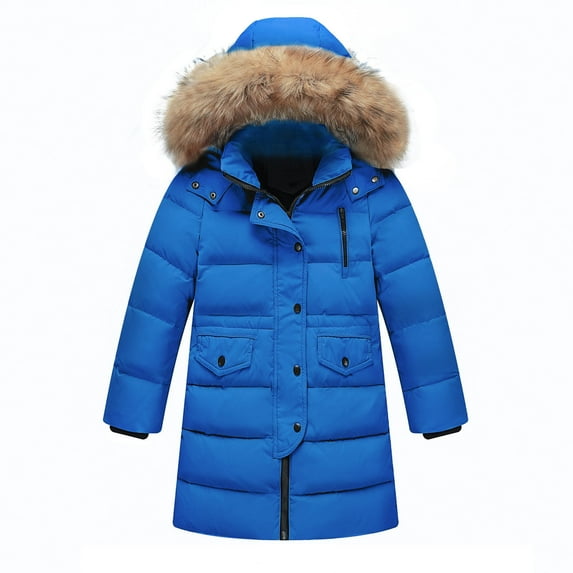 JSGEK Thickened Down-filled Windproof Warm Hooded Parka Large Collar Mid-length Jacket for Kids Age 2-15 Everyday Casual Wear Insulated Outerwear Winter Coat Blue 6-7Years
