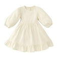 thumbnail image 1 of JSGEK Toddler Baby Girl Dress Long Puff Sleeved Round Neck Button Solid Color Princess Dresses Beige 1 Years, 1 of 3