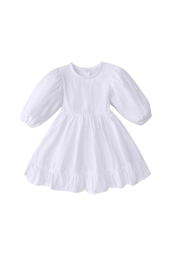 Toddler Baby Girl Dress Long Puff Sleeved Round Neck Button Solid Color Princess Dresses White 2 Years