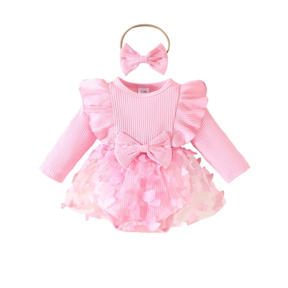 JSGEK Toddler Baby Girl Long Sleeve Fall Dress Flower Lace First Birthday Baptism Christening Dresses Outfit Pink 9-12 Months