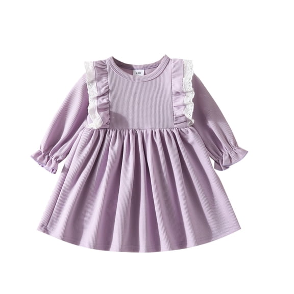 JSGEK Toddler Girl Cotton Linen Dress Long Sleeve Ruffle Fall Dress Kids Solid Dresses Casual Clothes Purple 12-18 Months