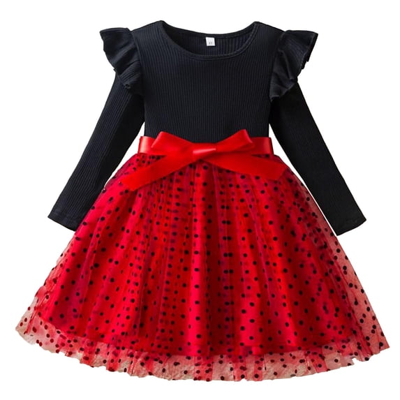 JSGEK Toddler Girl Polka Dotted Multilayer Ruffled Long Sleeve Trendy Party Dresses Red 4 Years