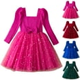 thumbnail image 1 of JSGEK Toddler Girls Sparkly Trendy Dress Puffy Sleeves Square Collar Princess Tulle Dress with Bow Blue 5 Years, 1 of 5