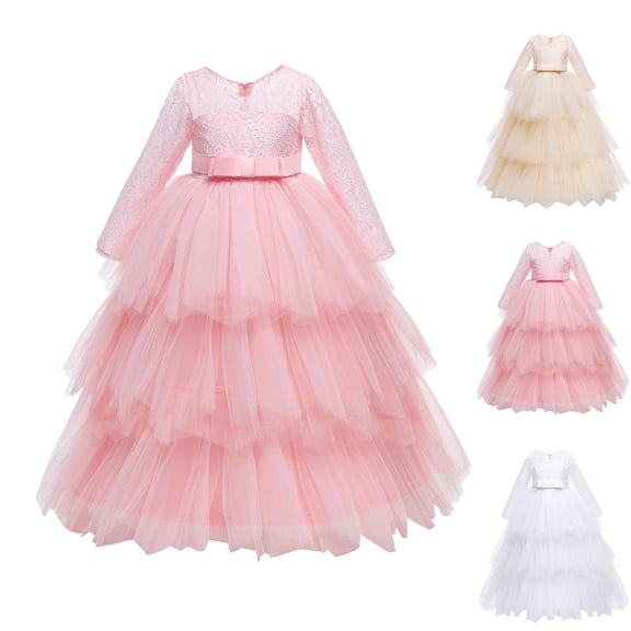 JSGEK Toddler Trendy Dress Girls Long Sleeve Fall Winter Ruffle Tiered Holiday Party Tulle Dresses Pink 7 Years