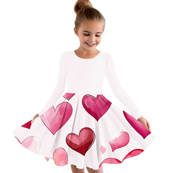 JSGEK Toddler Valentine's Dresses Girls Gift Long Sleeve Heart Printed Dress Casual Birthday Party Sundress White 5 Years