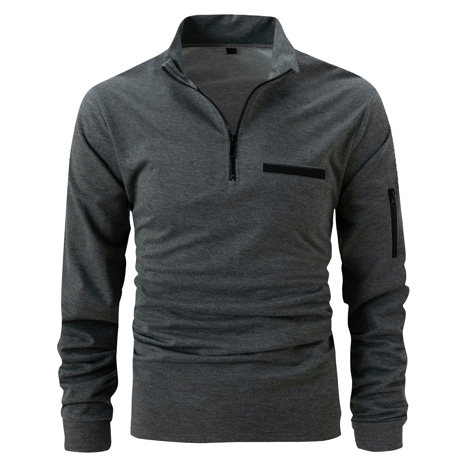 Mens vintage solid color stand collar long sleeve loose casual t shirt top