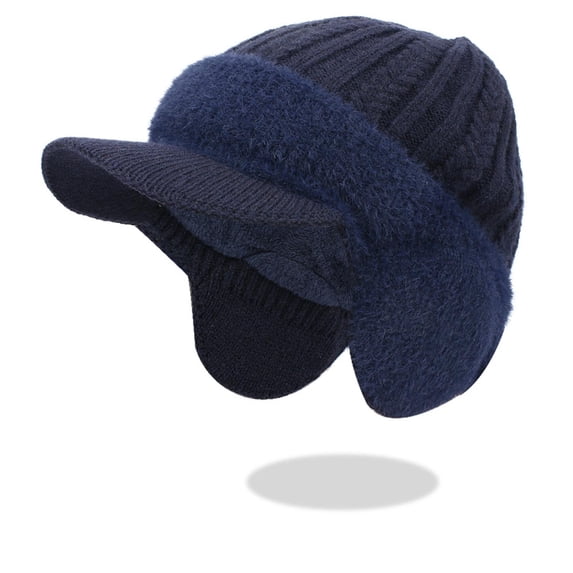 JSGEK Winter Hat With Thick Velvet And Warm Big Head Circumference Men's Cap Knitted Yarn Cap Hat Blue Free Size