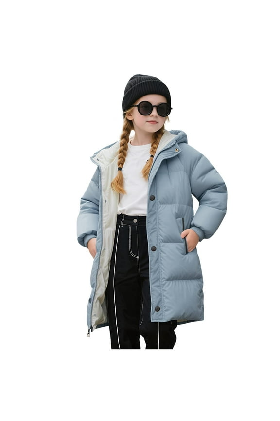 Winter Down Hooded Jacket Long Sleeve Casual Coat Lightweight Soft Breathable Stylish Comfortable Ideal for Daily Wear Travel Home Holiday Party Blue 10 Years