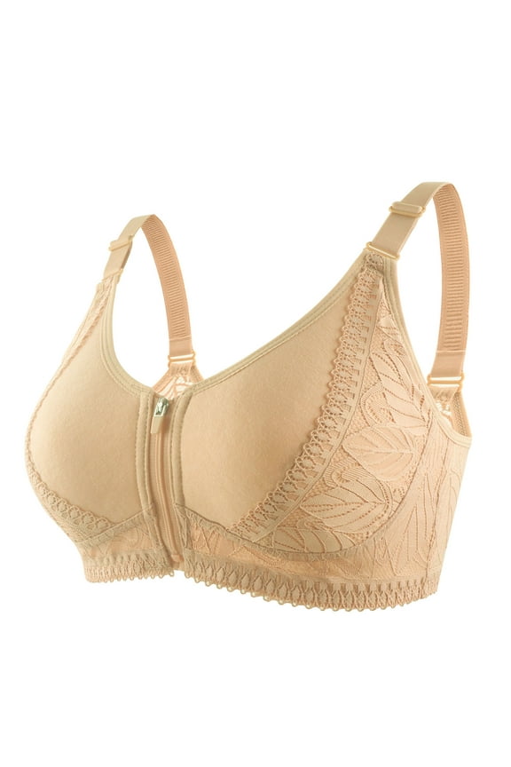 Wirefree Comfort Fashion Trendy Push up Plunge Plus Size Bra Front Zipper without Steel Ring Lace Lingerie Beige 50 Bra for Ladies