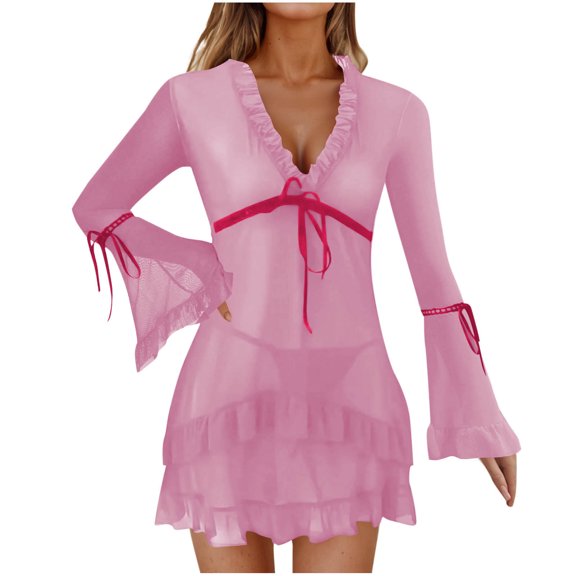 JSGEK Women Bell Sleeve Deep V Neck Mini Dress Contrast Tie Waist Sheer Fabric Lingerie for Romantic Date Night Pink M