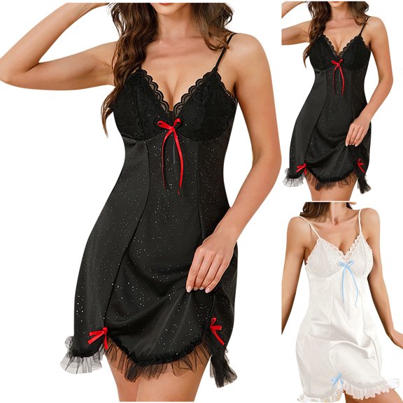 JSGEK Women Contrast Bow Accent Spaghetti Strap Chemise Dress Ruffle Hem Sheer Fabric Nightwear Lingerie Set Black L