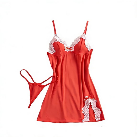 JSGEK Women Contrast Lace Trim Chemise Dress and Thong Set Adjustable Spaghetti Straps Nightwear Lingerie Set Red L