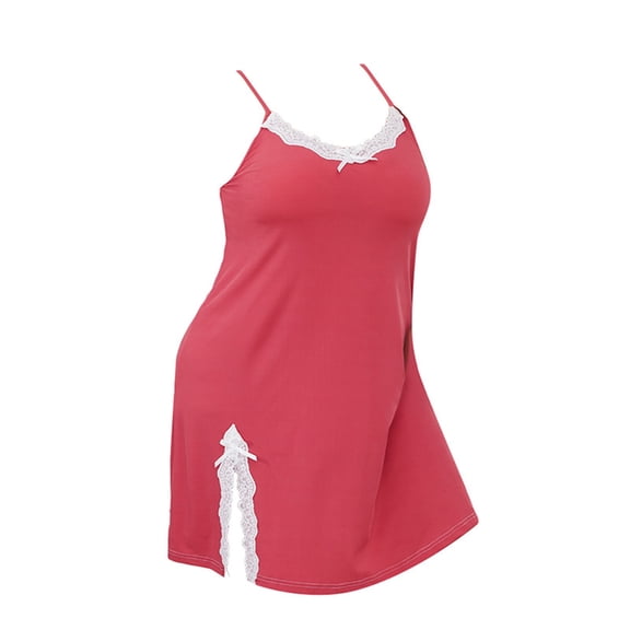 JSGEK Women Contrast Trim Loose Fit Chemise Dress Spaghetti Strap Soft Fabric Nightwear Lingerie Set Red XXXL