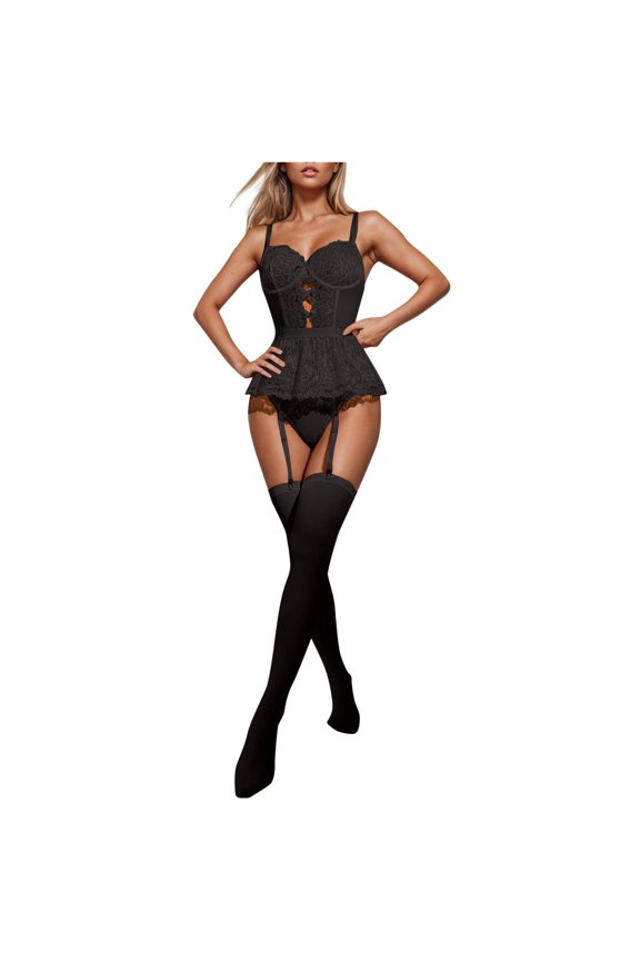 Women Corset Style Bodysuit with Garter Belt and Thigh High Stockings Set Underwire Support Lingerie for Bedroom Wear Black M
