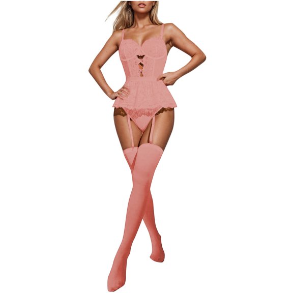 JSGEK Women Corset Style Bodysuit with Garter Belt and Thigh High Stockings Set Underwire Support Lingerie for Bedroom Wear Pink S